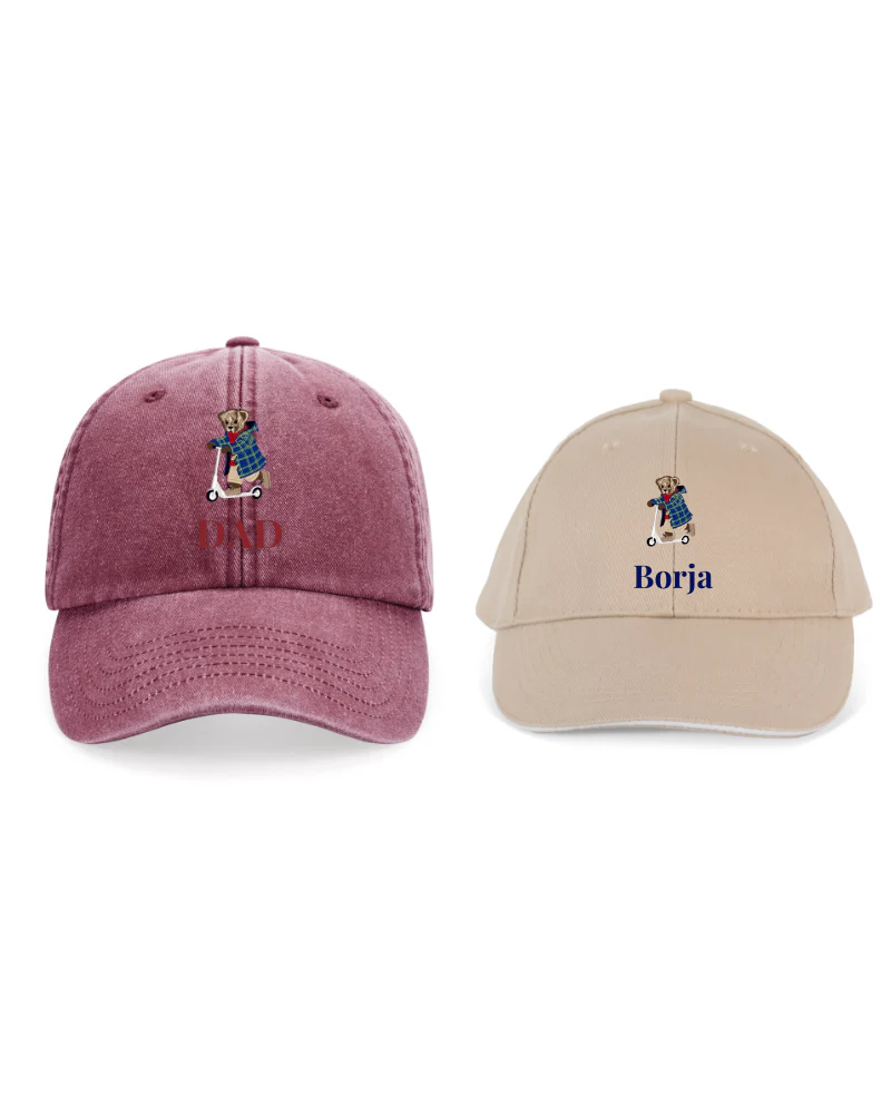 Pack Gorra personalizada adulto y niño dibujo Oso en patinete - Image 9